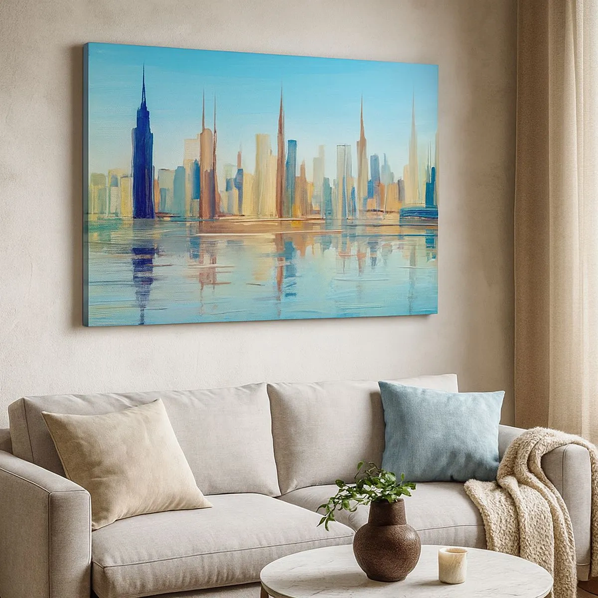 Canvas picture - A panorama of the city in warm colors with reflection in the water - 70x50cm - Sunny Metropolis - Modern wall decoration for the living room and bedroom ARTTOR