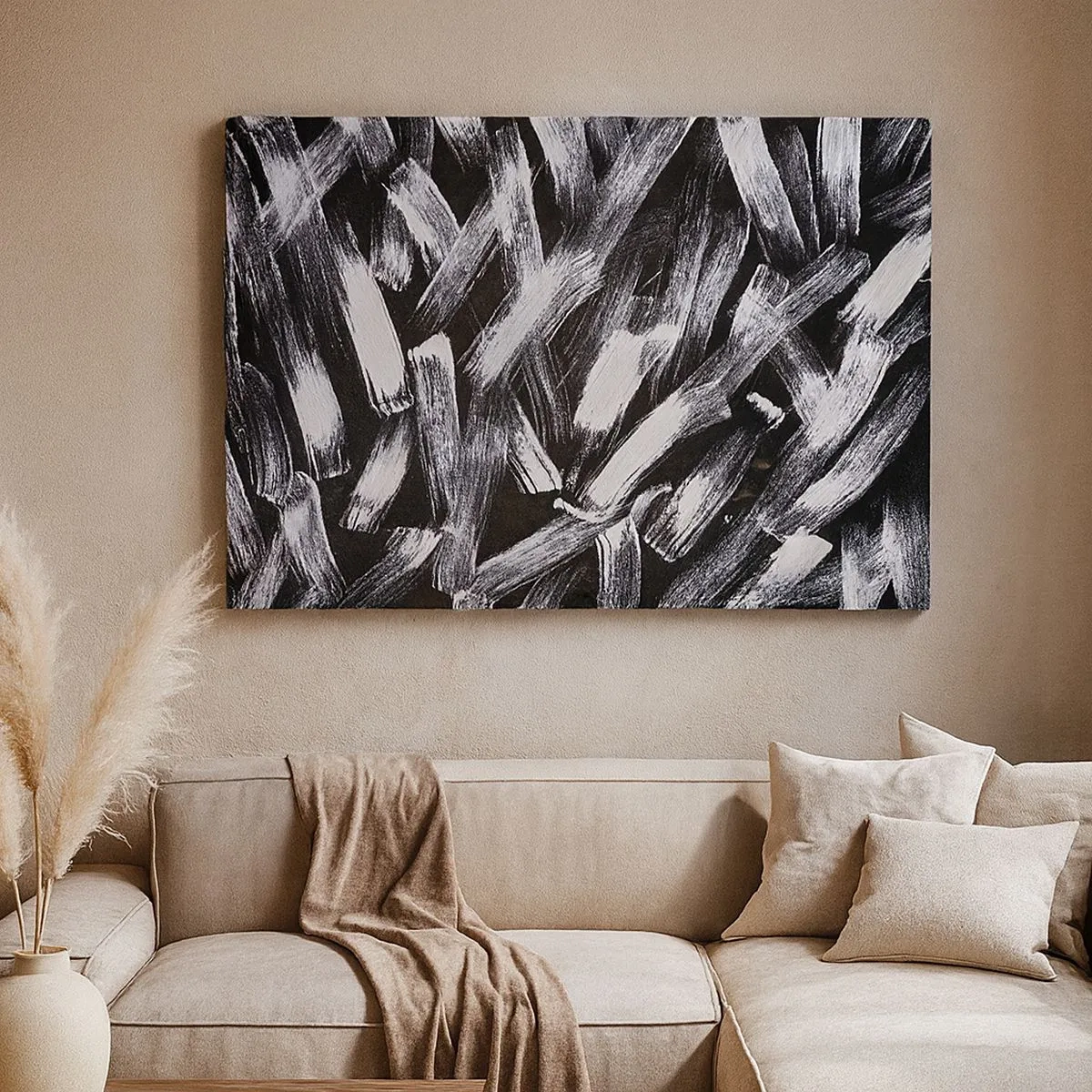 Canvas picture - Dynamic abstraction with white brushstrokes on a black background. - 70x50cm - Abstract in Industrial Spirit - Modern wall decoration for the living room and bedroom ARTTOR