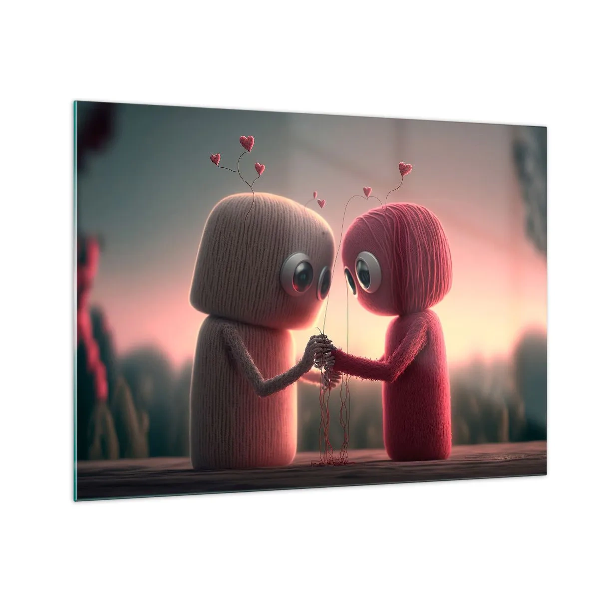Glass picture - Two yarn figures holding hands with hearts - 70x50cm - Everyone Is Allowed to Love - Modern wall decoration for the living room and bedroom ARTTOR