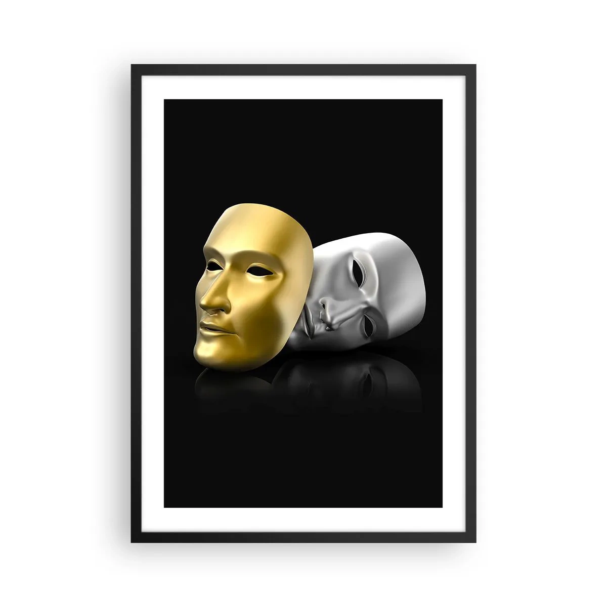Poster in black frame - Gold and silver mask on a black background - 50x70cm - Life Is a Theatre - Modern wall decoration for the living room and bedroom ARTTOR