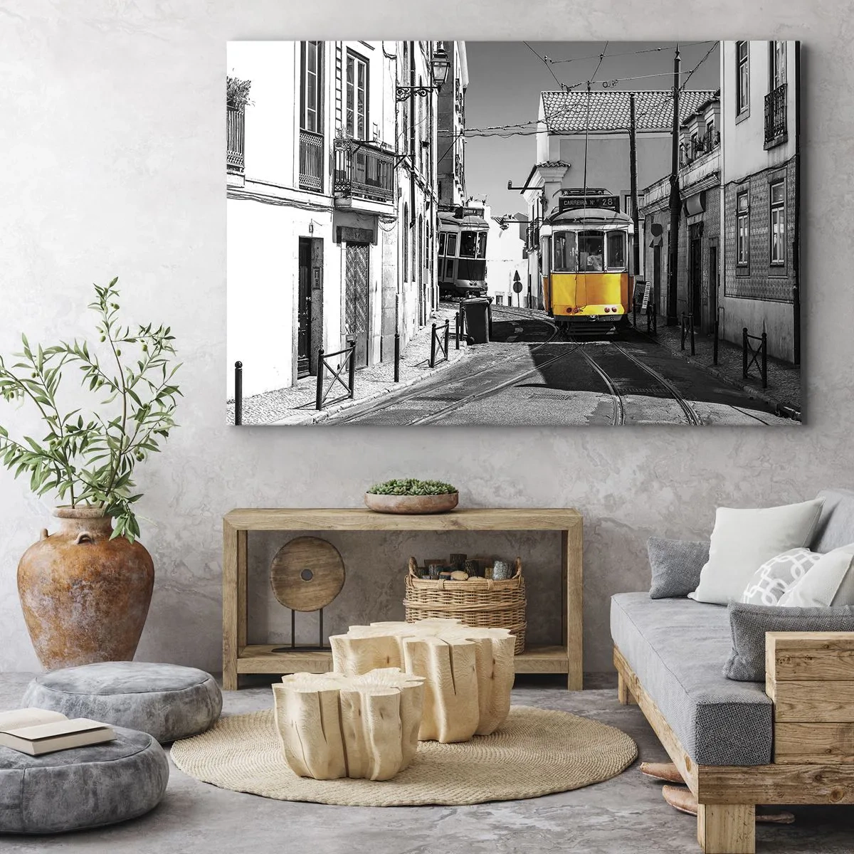 Canvas picture - A yellow tram on the streets of Lisbon in a monochromatic setting - 70x50cm - Spirit of Lisbon - Modern wall decoration for the living room and bedroom ARTTOR