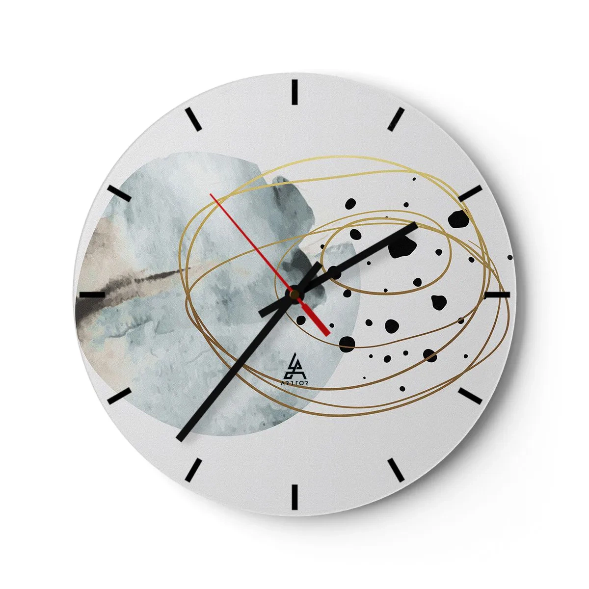 Wall clock - Clock on glass - Abstract golden lines and black dots on a light background - 30x30cm - In the Embrace of Space - Modern wall decoration for the living room, kitchen, and bedroom ARTTOR
