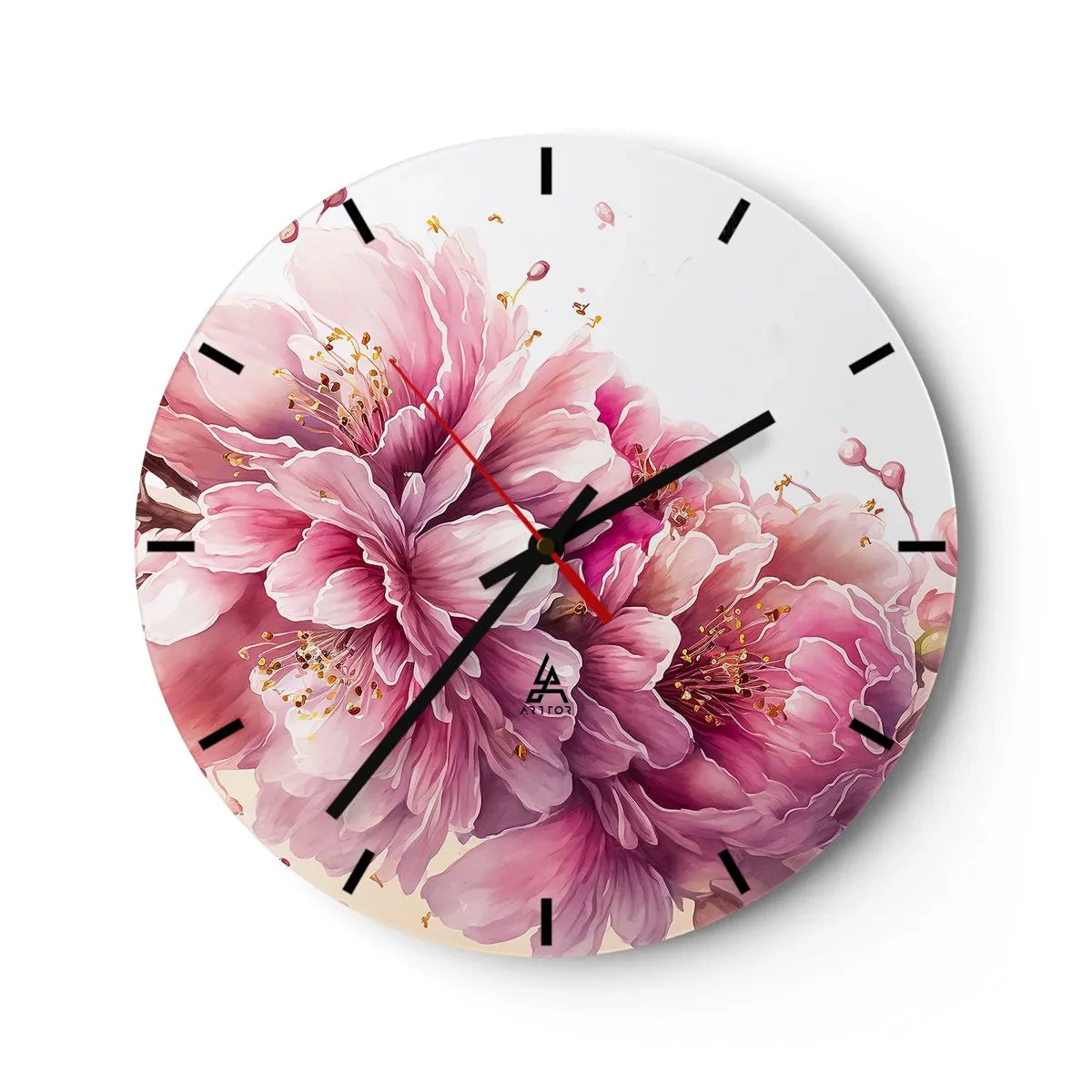 Wall clock - Clock on glass - Blooming pink cherry blossoms on a white background in an artistic style - 30x30cm - Land of Cherry Blossoms - Modern wall decoration for the living room, kitchen, and bedroom ARTTOR