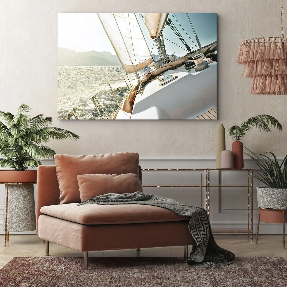Canvas picture - A yacht on the open sea with a view of the mountains - 70x50cm - Full Sail - Modern wall decoration for the living room and bedroom ARTTOR