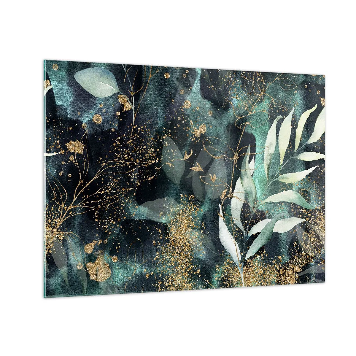Glass picture - Gold and green leaves on a dark background - 70x50cm - Enchanted Garden - Modern wall decoration for the living room and bedroom ARTTOR