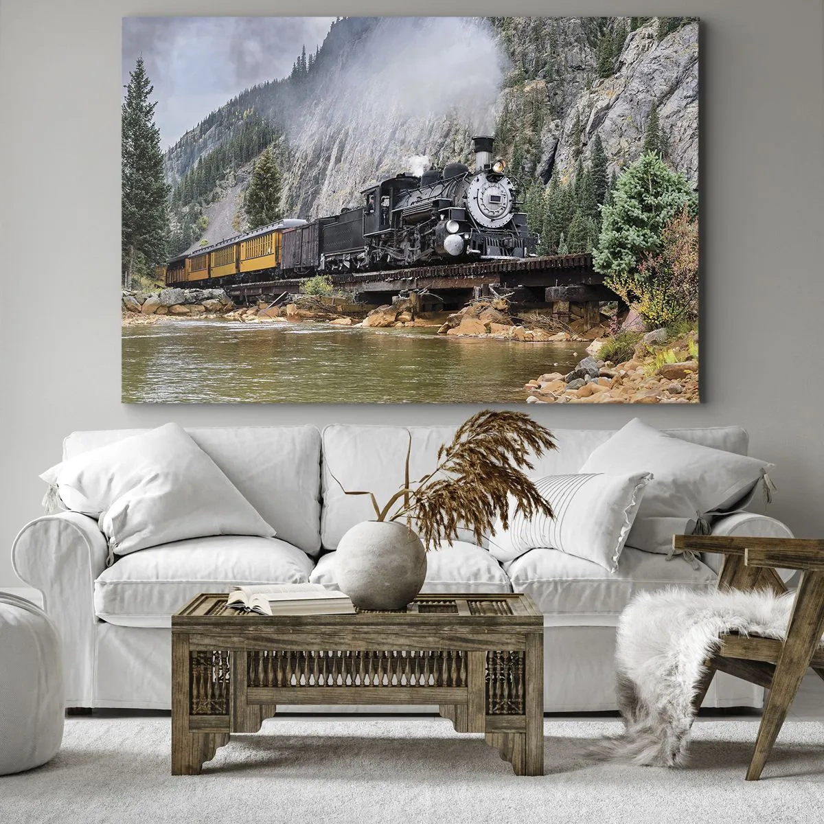 Canvas picture - A steam locomotive on a bridge in a picturesque mountain landscape - 70x50cm - Where Are You off to? - Modern wall decoration for the living room and bedroom ARTTOR