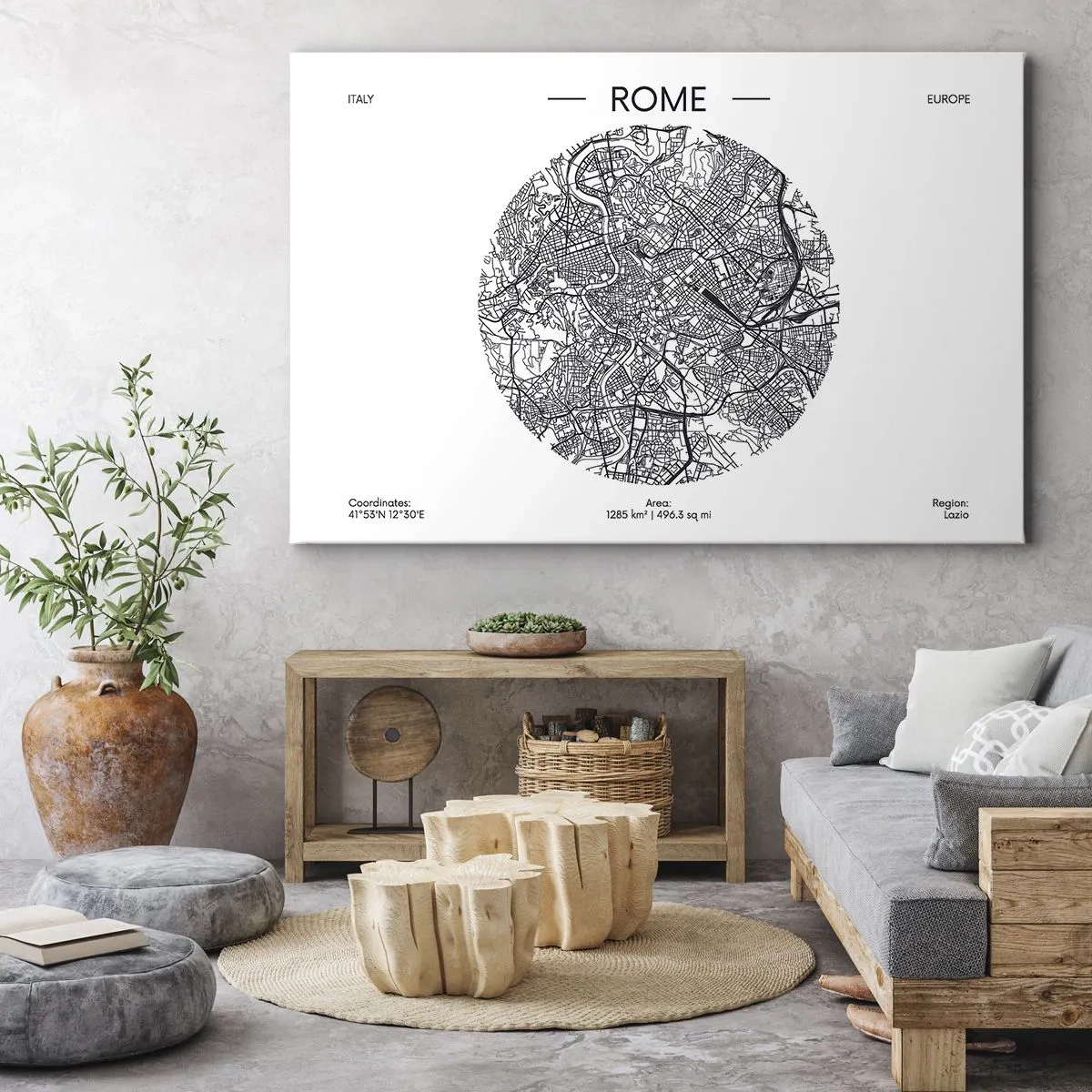 Canvas picture - A map of Rome in a minimalist, black and white style - 70x50cm - Anatomy of Rome - Modern wall decoration for the living room and bedroom ARTTOR