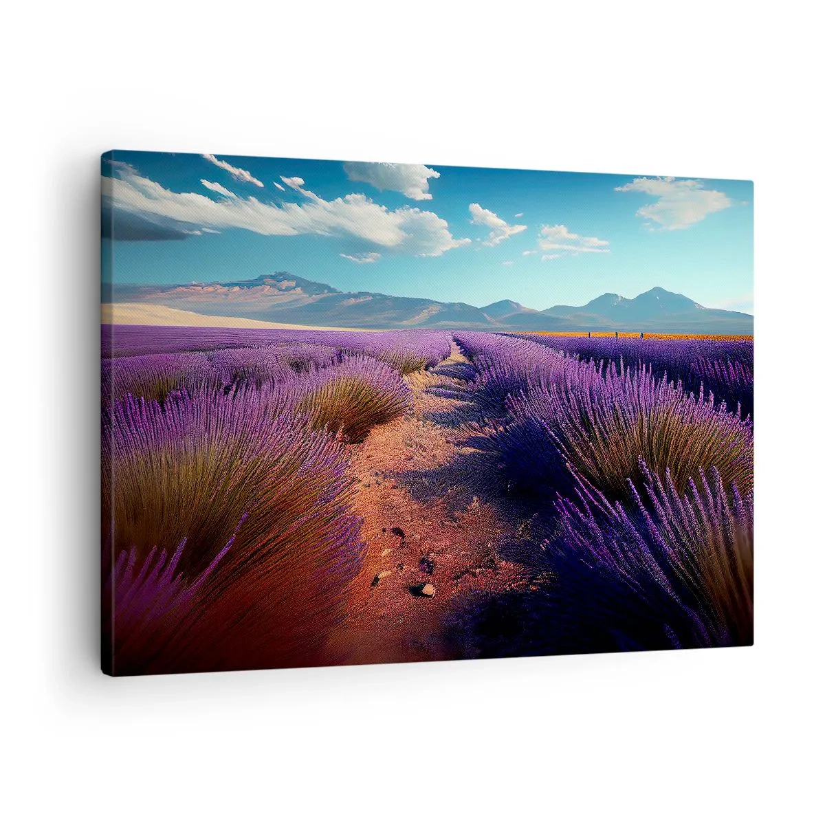 Canvas picture - A lavender field with a view of the mountains and blue sky - 70x50cm - Fragrant Fields - Modern wall decoration for the living room and bedroom ARTTOR