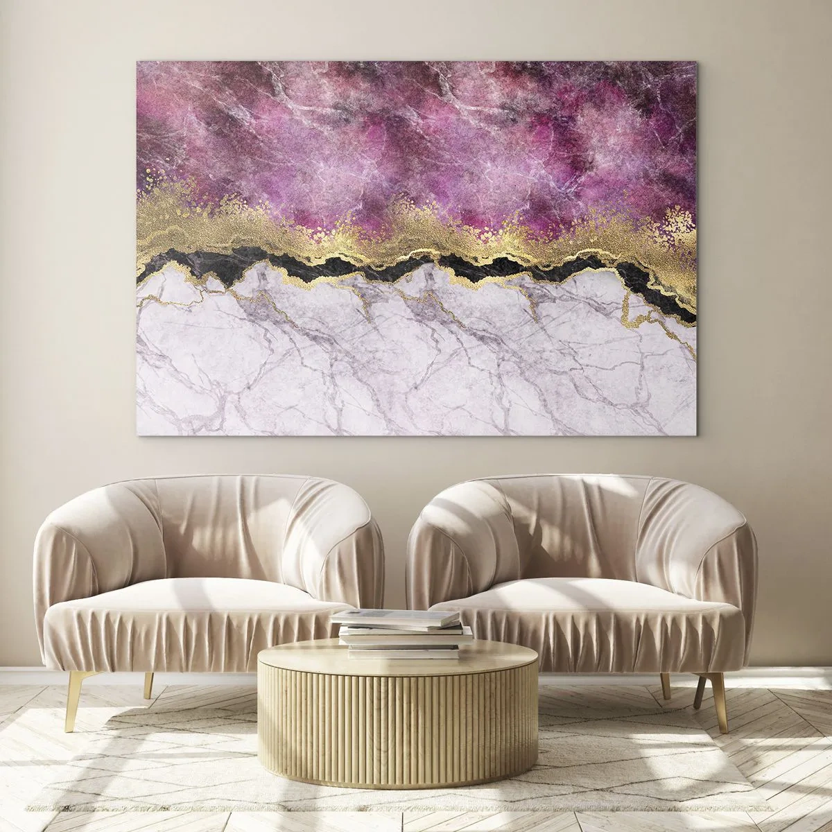 Glass picture - Abstract marble composition with gold and purple accents - 70x50cm - On the Border - Modern wall decoration for the living room and bedroom ARTTOR