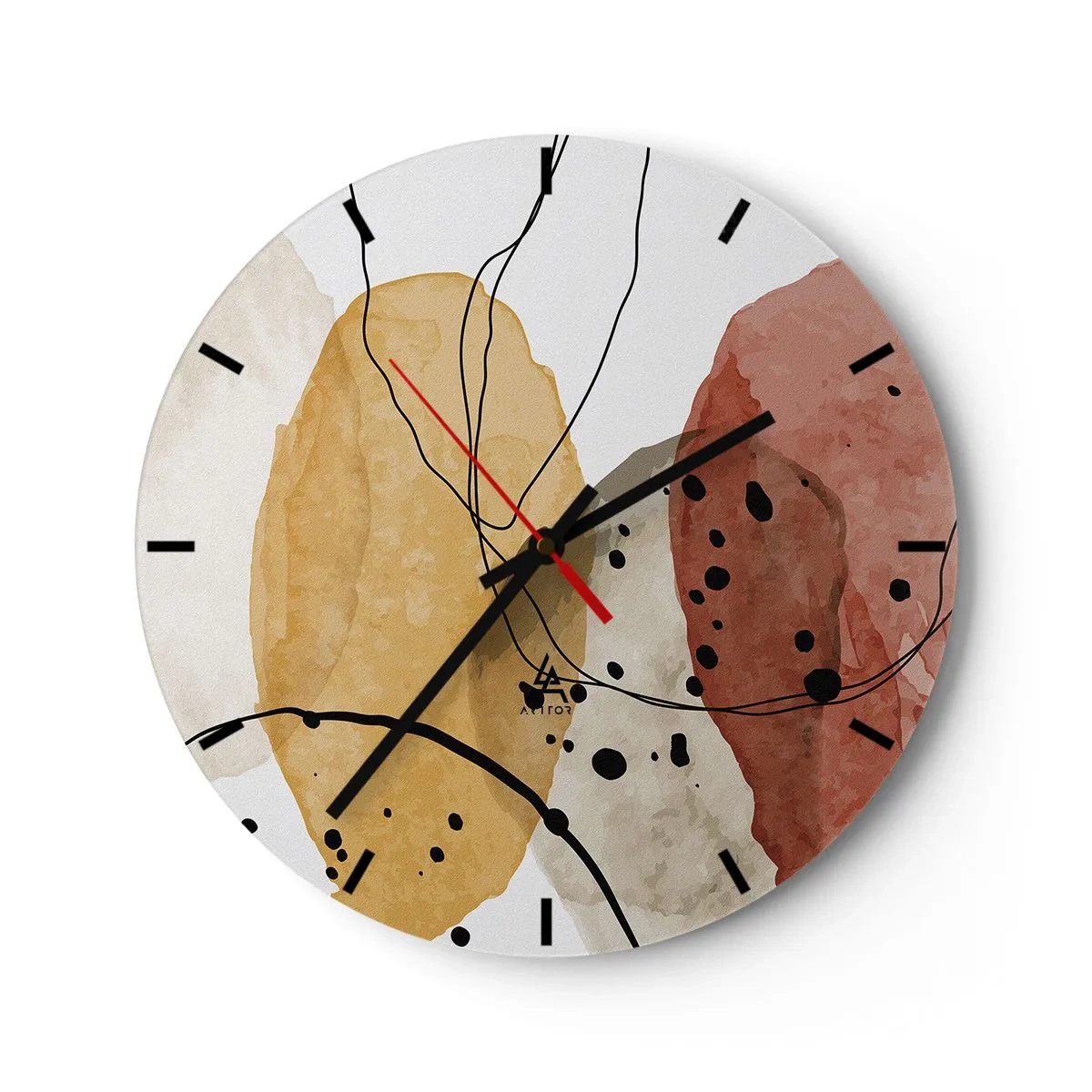 Wall clock - Clock on glass - Abstract colorful shapes with black lines and dots - 30x30cm - Like a Light Air - Modern wall decoration for the living room, kitchen, and bedroom ARTTOR