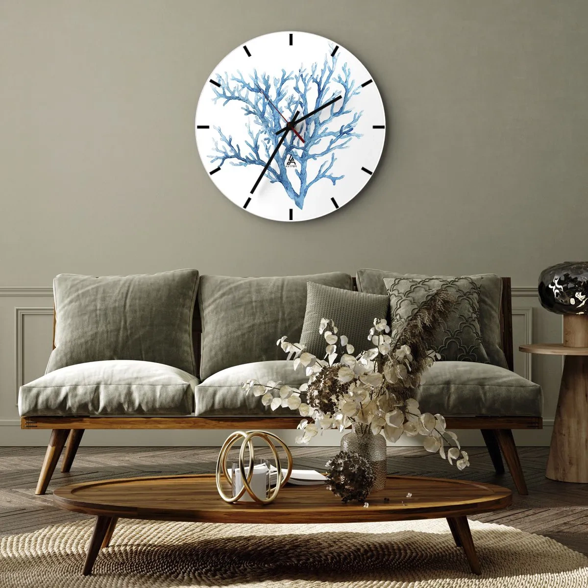 Wall clock - Clock on glass - Illustration of blue coral on a white background - 30x30cm - Sea Filigree - Modern wall decoration for the living room, kitchen, and bedroom ARTTOR