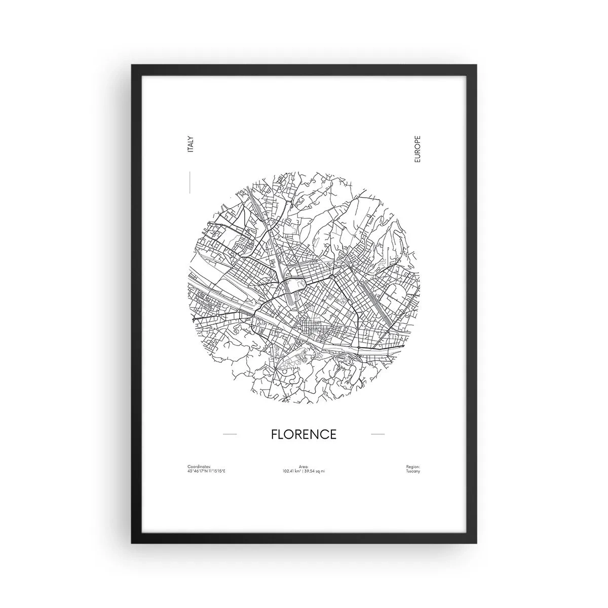 Poster in black frame - A minimalist map of Florence in black and white. - 50x70cm - Anatomy of Florence - Modern wall decoration for the living room and bedroom ARTTOR