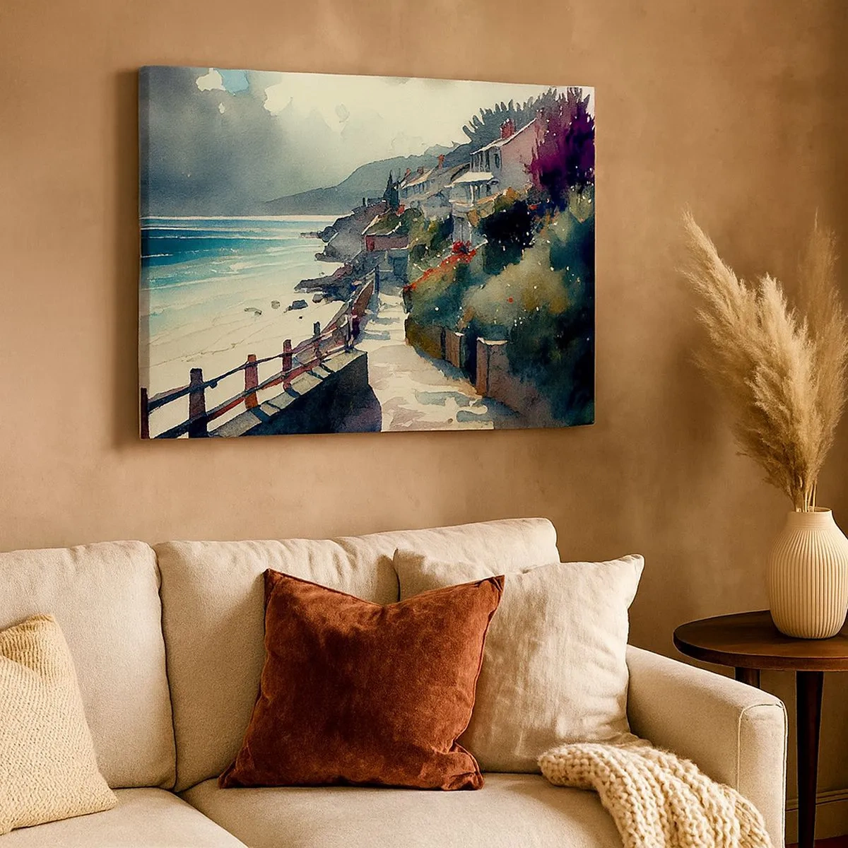 Canvas picture - Seaside promenade with houses and vegetation - 70x50cm - Mediterranean Town - Modern wall decoration for the living room and bedroom ARTTOR
