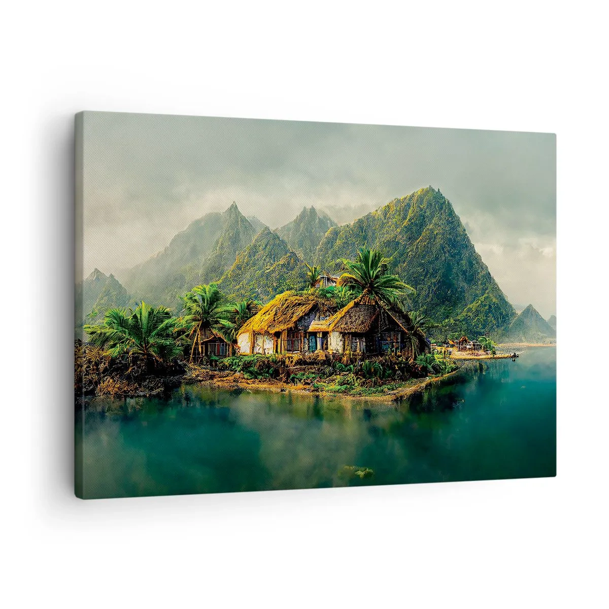 Canvas picture - tropical island with palm trees and mountains in the background - 70x50cm - Tropical Paradise - Modern wall decoration for the living room and bedroom ARTTOR