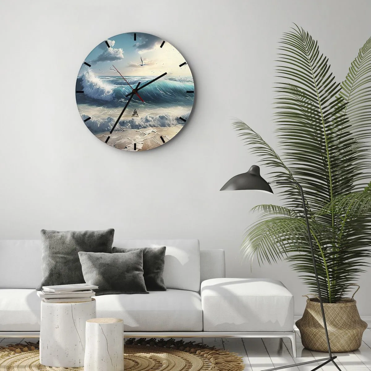 Wall clock - Clock on glass - Rough ocean waves crashing against the sandy shore - 30x30cm - It Hums Especially for You - Modern wall decoration for the living room, kitchen, and bedroom ARTTOR