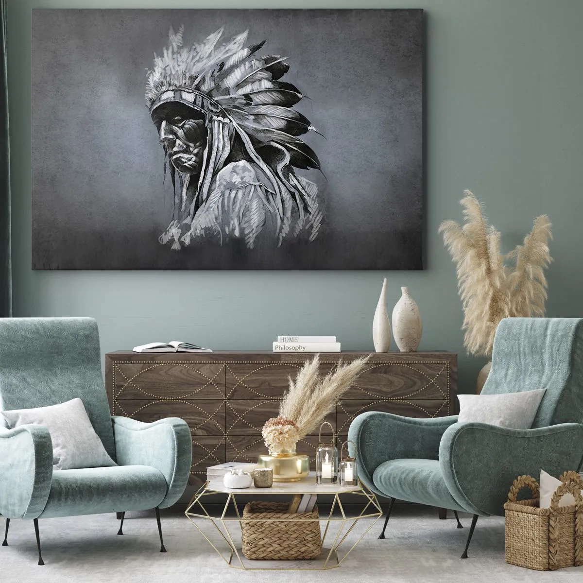 Canvas picture - Portrait of an Indian chief wearing a traditional headdress - 70x50cm - Return to the Roots - Modern wall decoration for the living room and bedroom ARTTOR