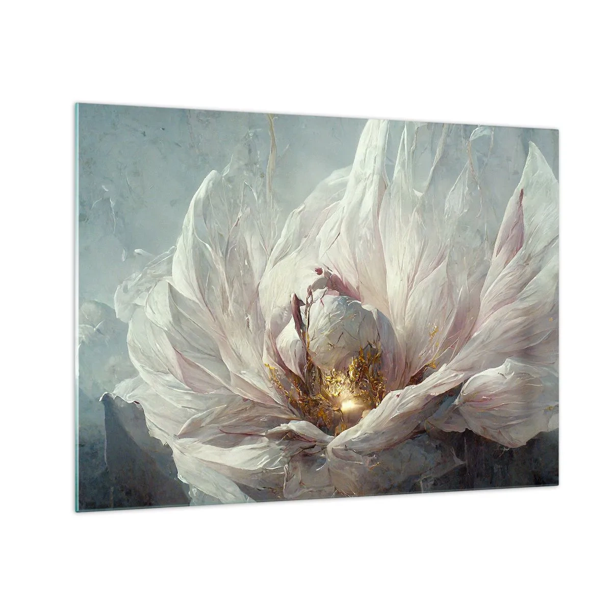 Glass picture - A blooming flower in delicate grays and gold - 70x50cm - It Blooms Once Every Hunderd Years - Modern wall decoration for the living room and bedroom ARTTOR