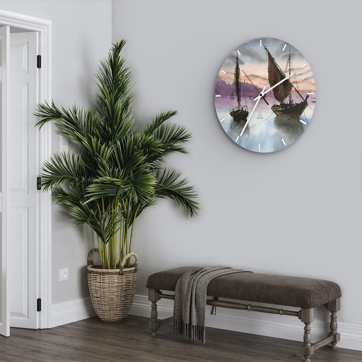 Wall clock - Clock on glass - Sailing ships on the water at sunset - 30x30cm - Evening at the Port - Modern wall decoration for the living room, kitchen, and bedroom ARTTOR