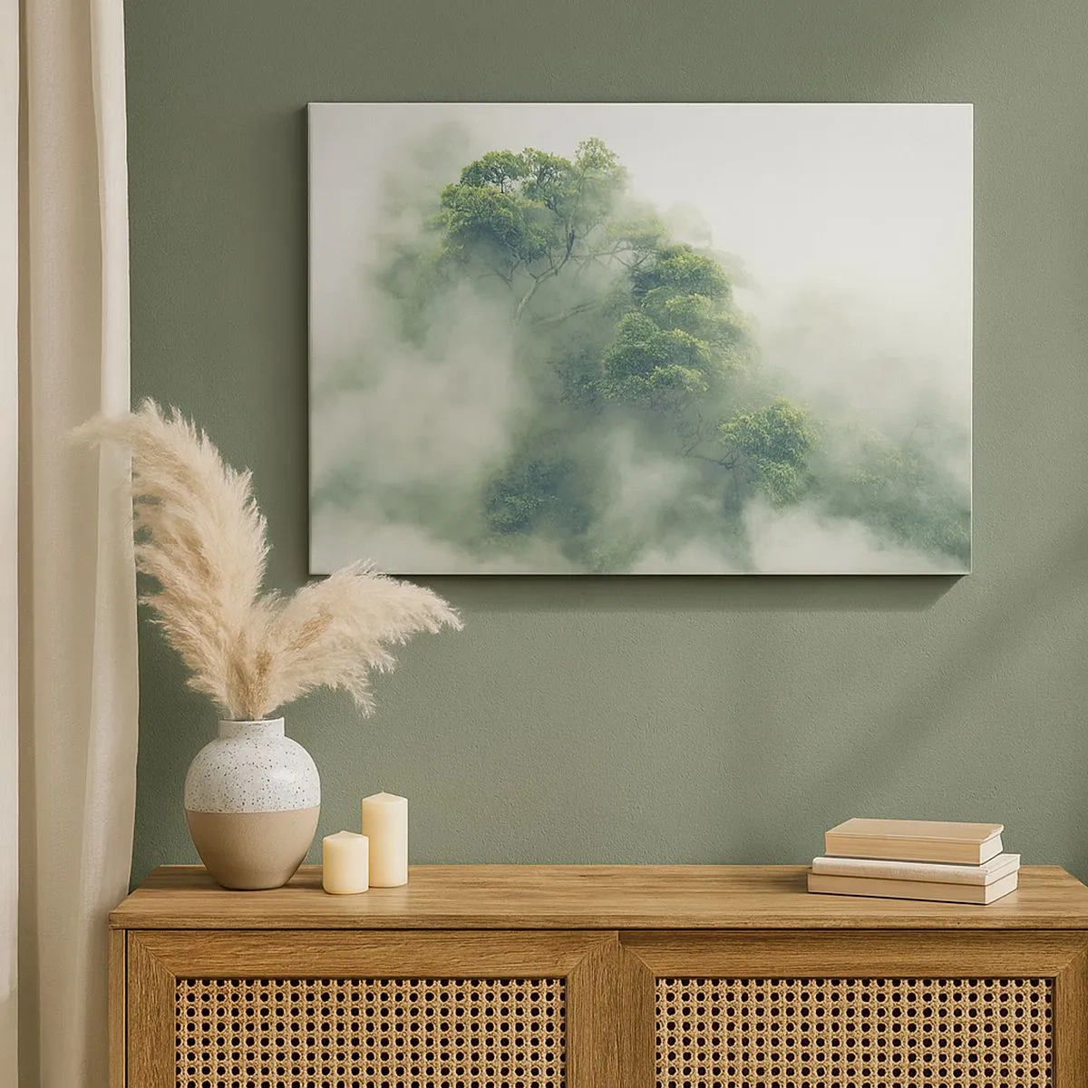Canvas picture - Green trees in thick fog against a natural background - 70x50cm - Wrapped In Fog - Modern wall decoration for the living room and bedroom ARTTOR