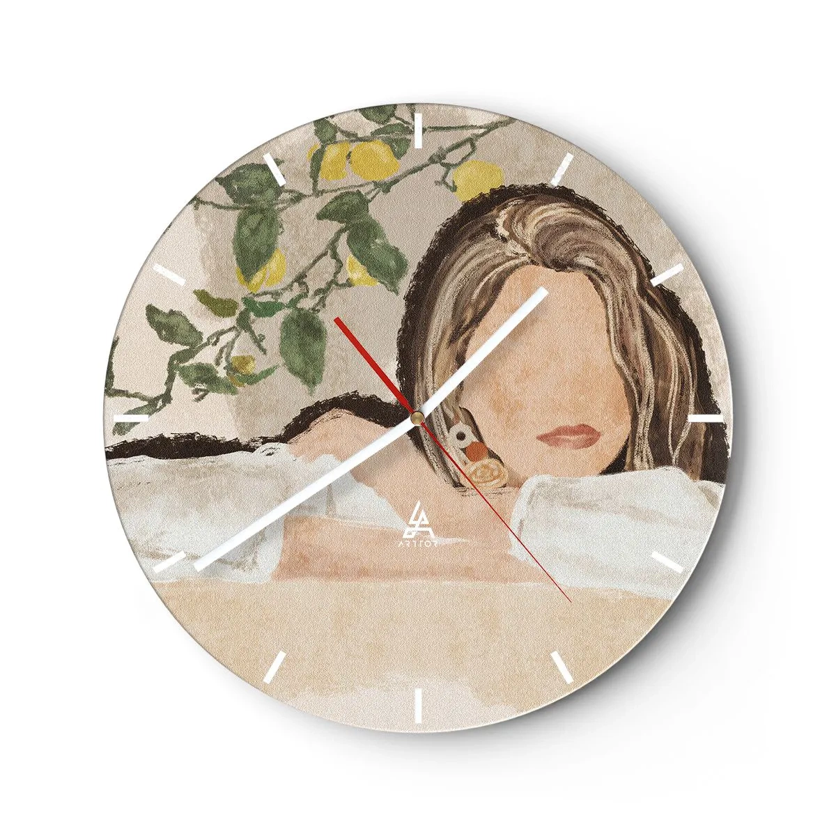 Wall clock - Clock on glass - A woman with long hair in front of a lemon tree - 30x30cm - Beauty of the South - Modern wall decoration for the living room, kitchen, and bedroom ARTTOR