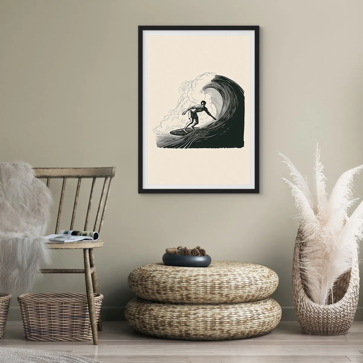 Poster in black frame - Retro surfer on wave graphic, black and cream composition - 50x70cm - King of the Wave - Modern wall decoration for the living room and bedroom ARTTOR