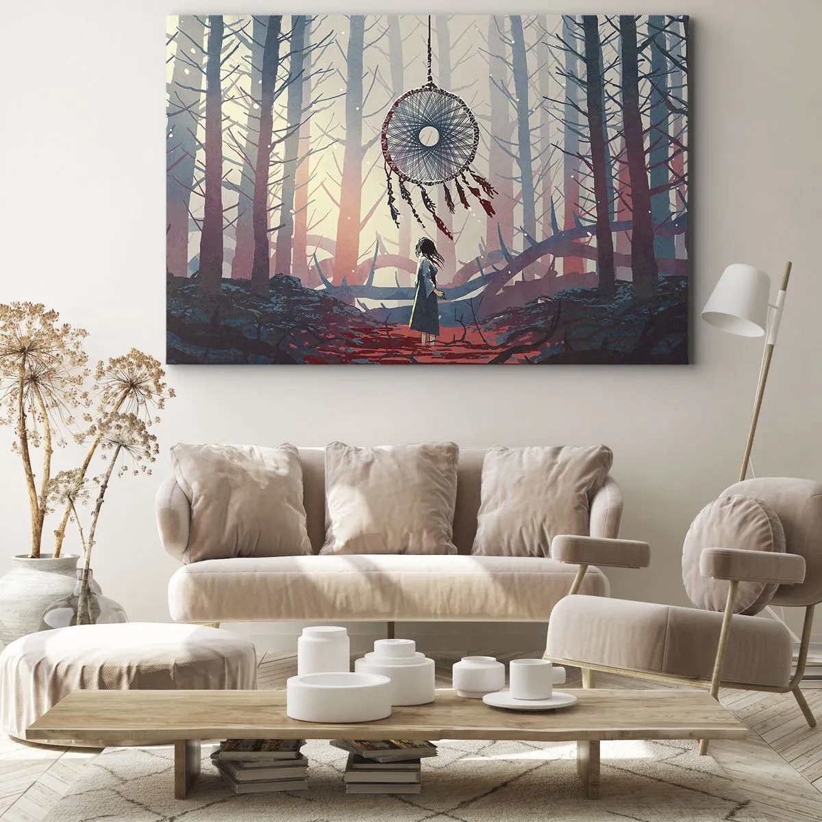 Canvas picture - Forest scene with a giant dream catcher - 70x50cm - Mysterious Ritual of Life - Modern wall decoration for the living room and bedroom ARTTOR