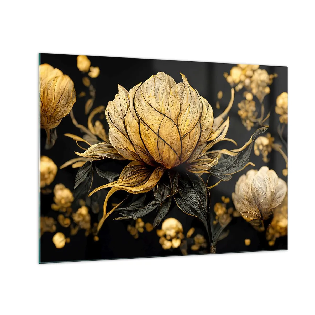 Glass picture - Golden flowers on a black background in an elegant composition - 70x50cm - Subtle Fragility - Modern wall decoration for the living room and bedroom ARTTOR