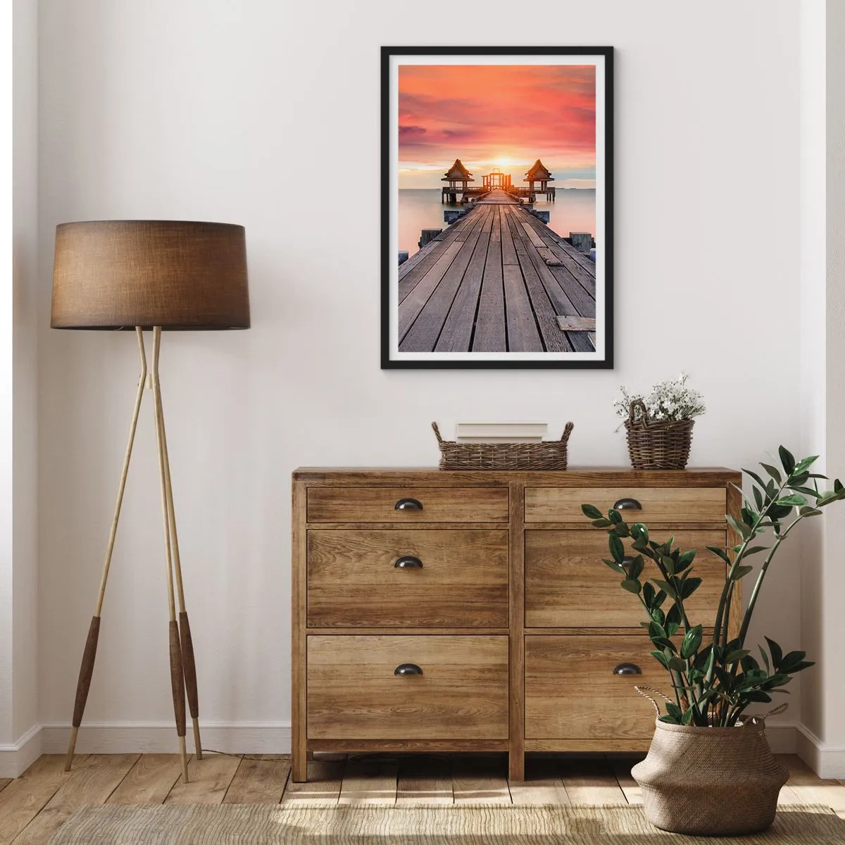 Poster in black frame - A wooden jetty with the sun setting over the water in the background - 50x70cm - Sunset on the East - Modern wall decoration for the living room and bedroom ARTTOR