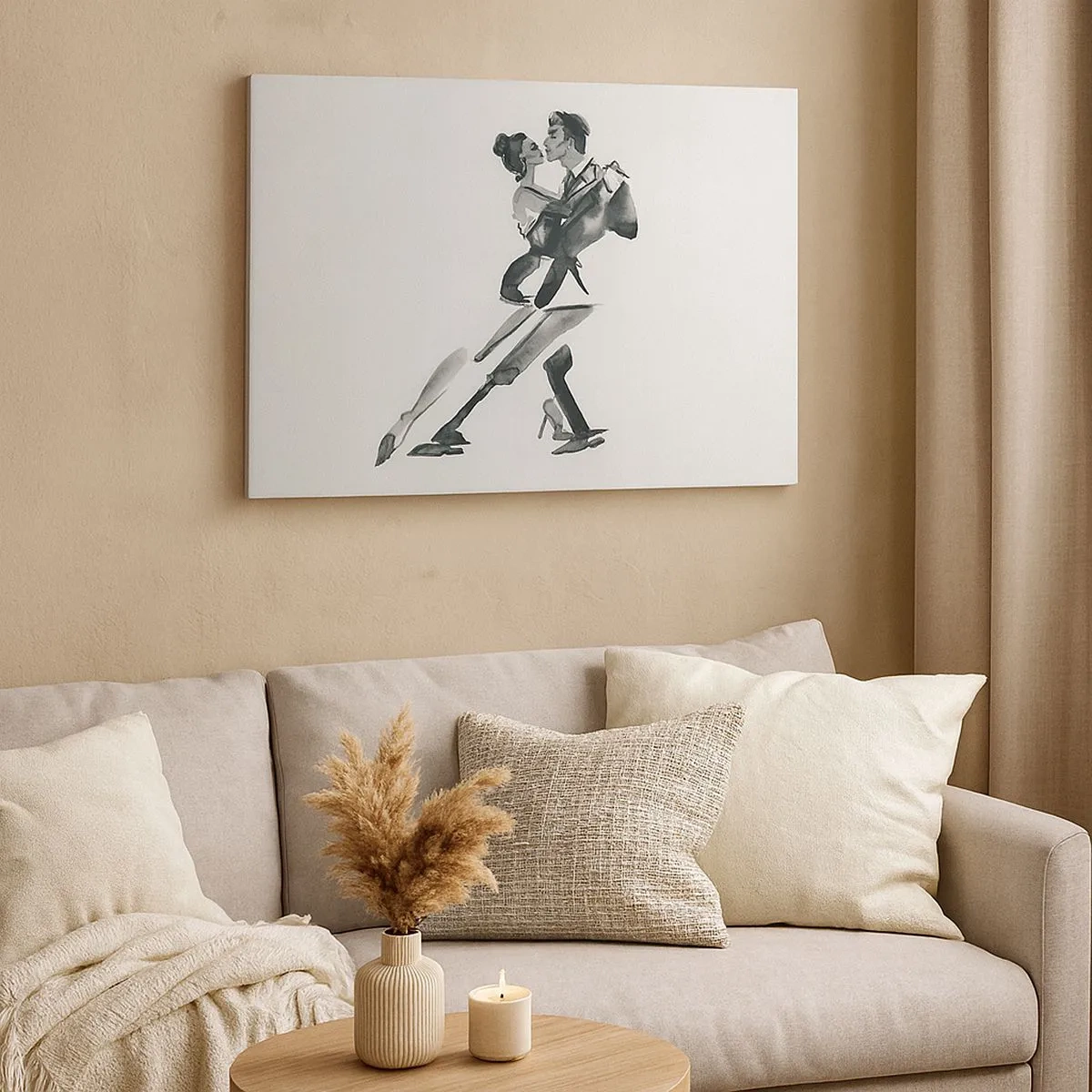 Canvas picture - A subtle illustration of a couple dancing in a monochromatic style. - 70x50cm - In One Rhythm - Modern wall decoration for the living room and bedroom ARTTOR