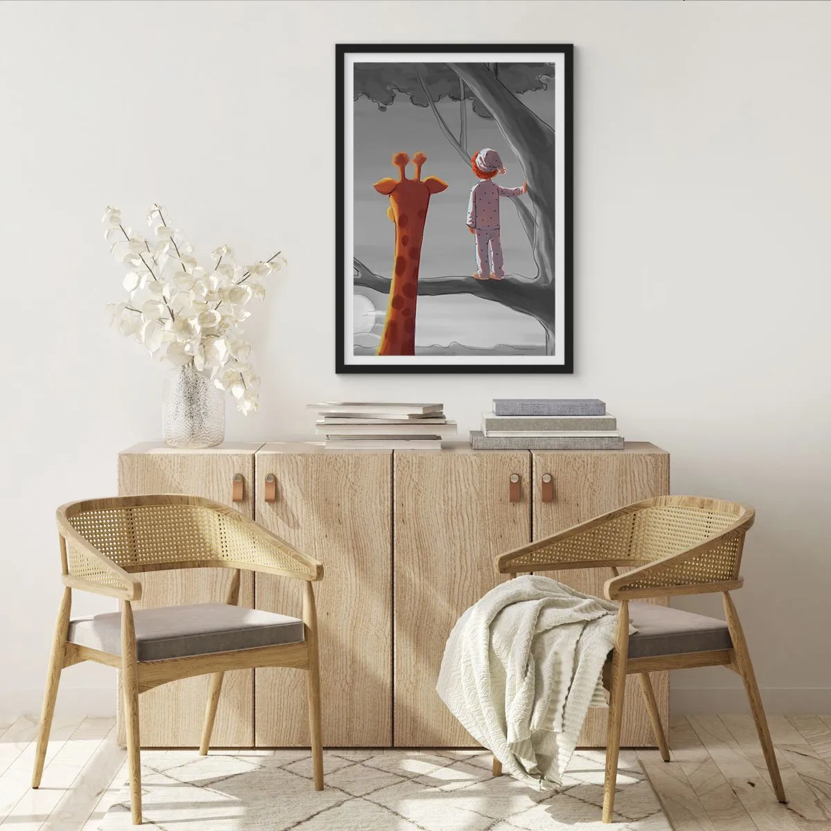 Poster in black frame - A boy in pajamas and a giraffe in a tree in a gray and orange landscape. - 50x70cm - This Is Really Happening - Modern wall decoration for the living room and bedroom ARTTOR