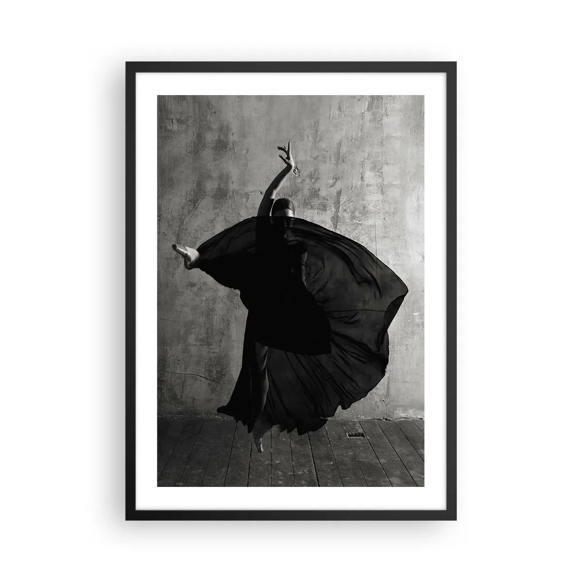 Poster in black frame - A black and white shot of a dancer in dynamic motion against a raw wall. - 50x70cm - Full of Passion - Modern wall decoration for the living room and bedroom ARTTOR