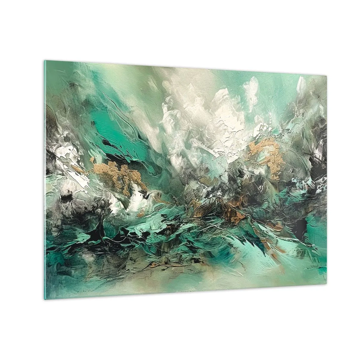 Glass picture - An abstract composition in shades of emerald, black and white. - 70x50cm - Emerald and Black Lump - Modern wall decoration for the living room and bedroom ARTTOR