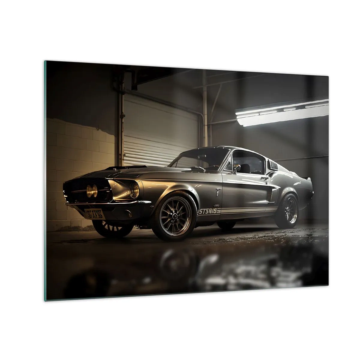 Glass picture - Classic car in garage under industrial lighting - 70x50cm - Back to the Future - Modern wall decoration for the living room and bedroom ARTTOR