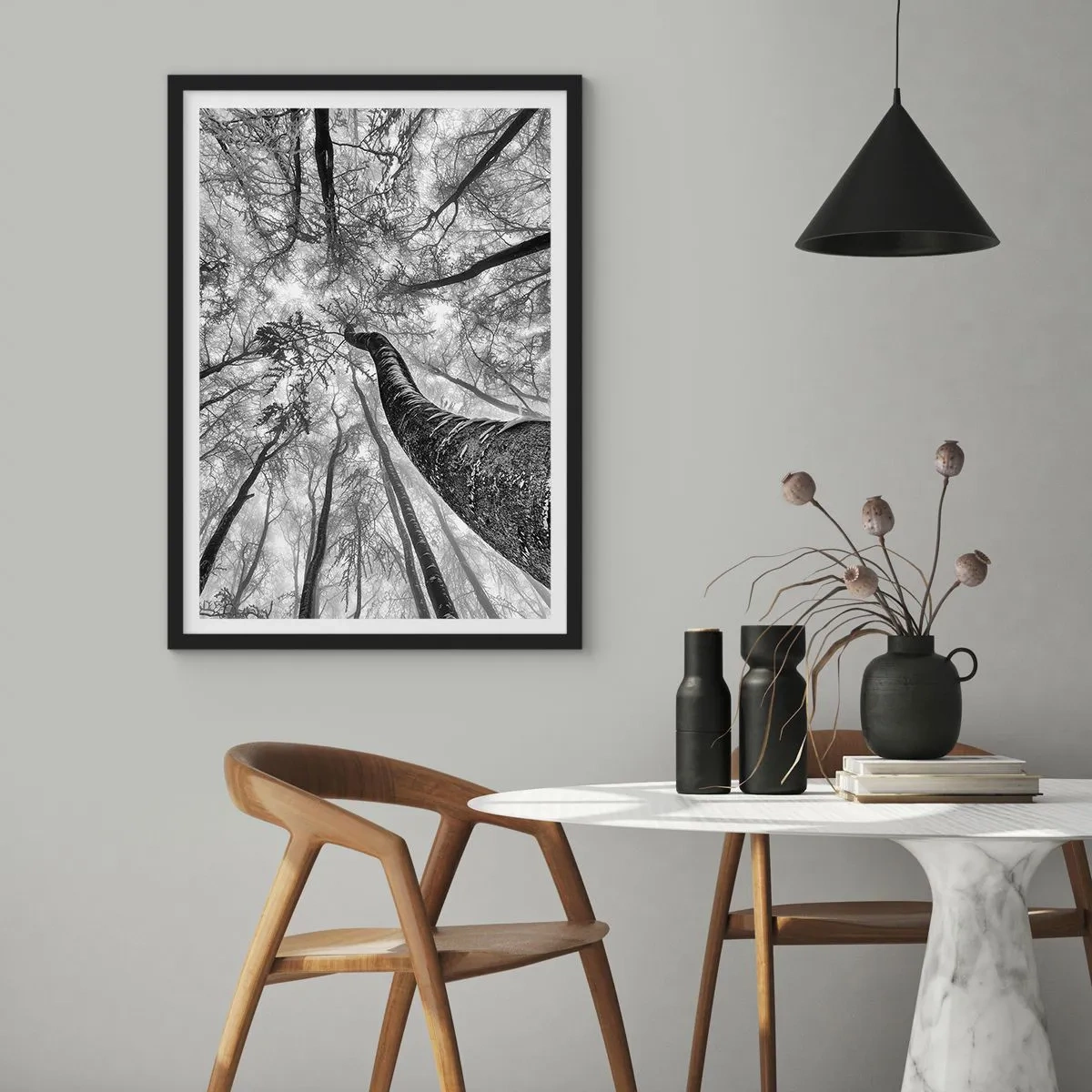 Poster in black frame - Perspective of trees in black and white - 50x70cm - Race for the Light - Modern wall decoration for the living room and bedroom ARTTOR