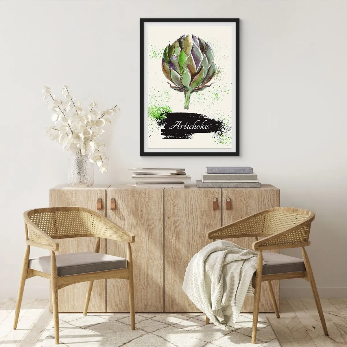 Poster in black frame - Watercolor illustration of an artichoke on a light background - 50x70cm - Eviva Vegetables! - Modern wall decoration for the living room and bedroom ARTTOR