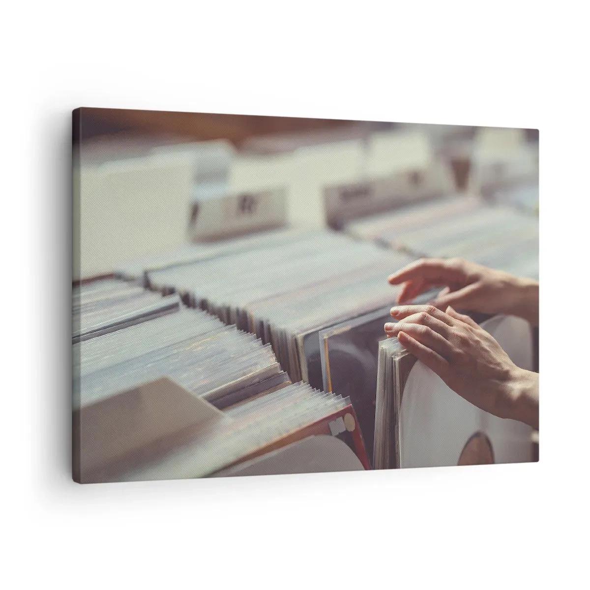 Canvas picture - Hands looking through a vinyl collection - 70x50cm - In Search of Good Vibes - Modern wall decoration for the living room and bedroom ARTTOR