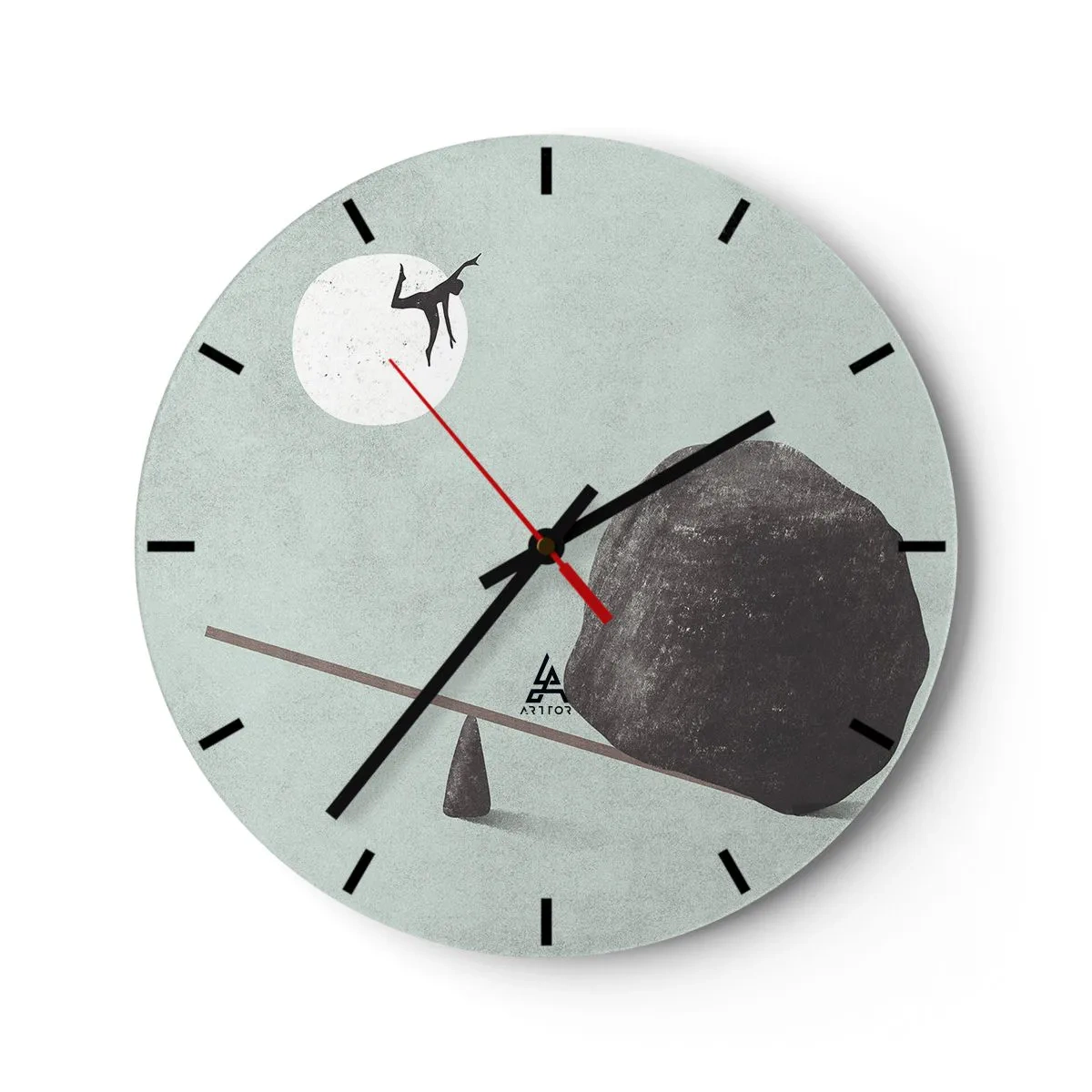Wall clock - Clock on glass - A character is catapulted from a seesaw by a rock towards the moon. - 30x30cm - Dream Come True - Modern wall decoration for the living room, kitchen, and bedroom ARTTOR