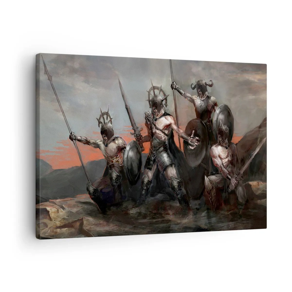 Canvas picture - A group of warriors in armor with spears against the backdrop of the sunset - 70x50cm - With Your Shield Or on It - Modern wall decoration for the living room and bedroom ARTTOR