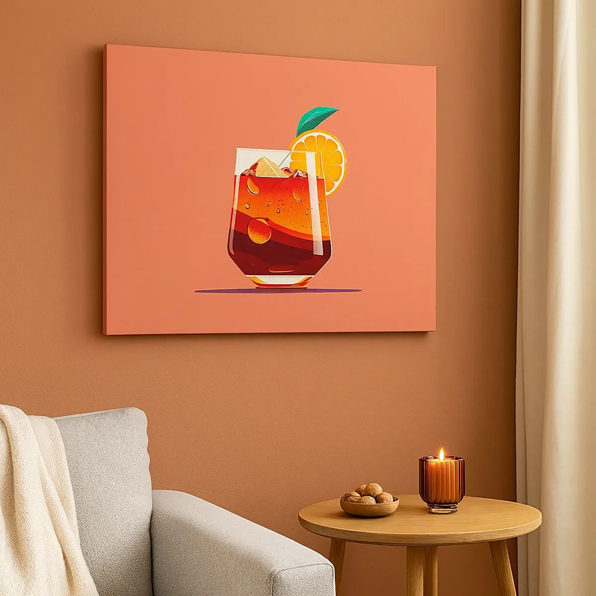 Canvas picture - A glass of drink and an orange slice on an orange background - 70x50cm - Summer Refreshment - Modern wall decoration for the living room and bedroom ARTTOR