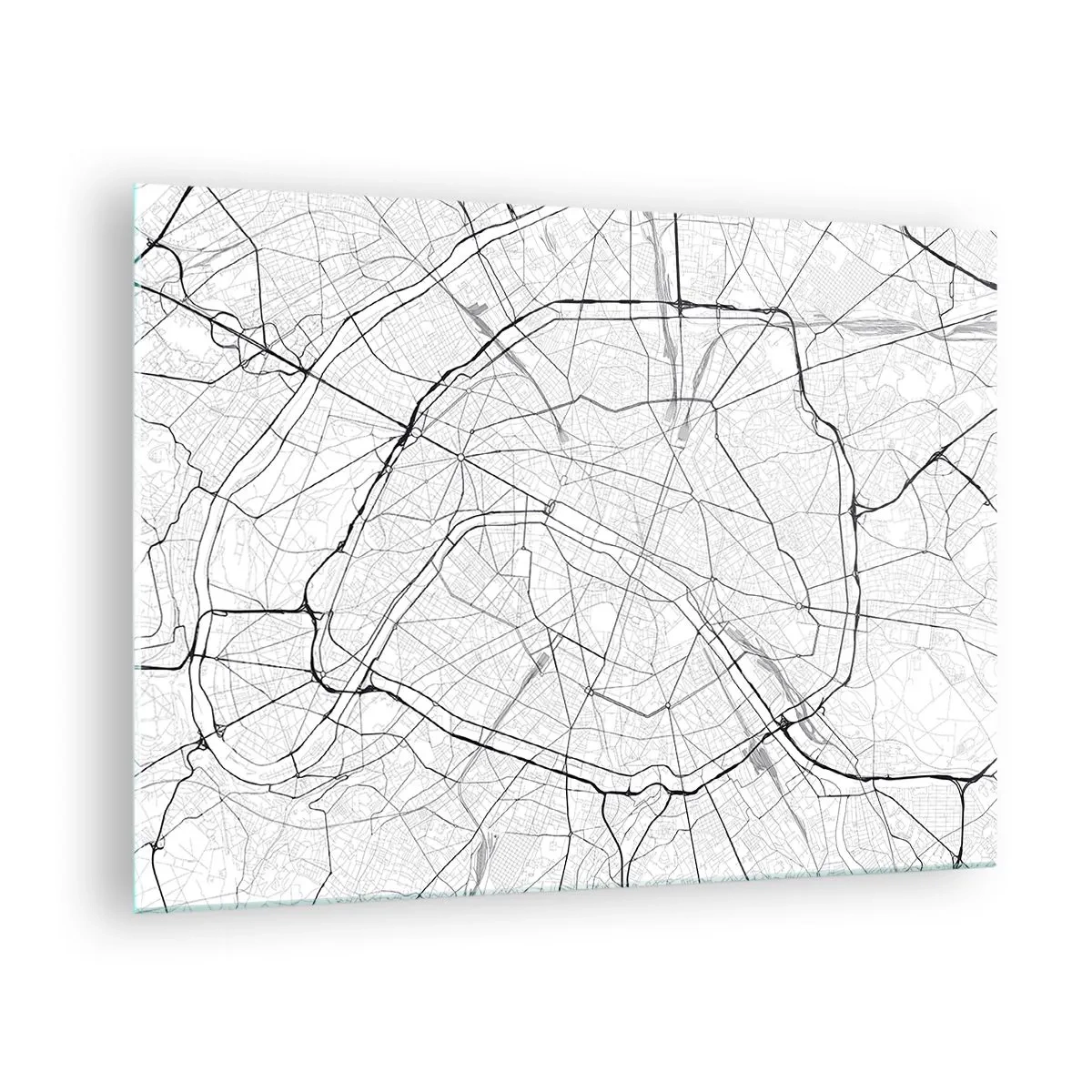 Glass picture - Black and white city map with street grid and circular arteries - 70x50cm - Flower of Paris - Modern wall decoration for the living room and bedroom ARTTOR