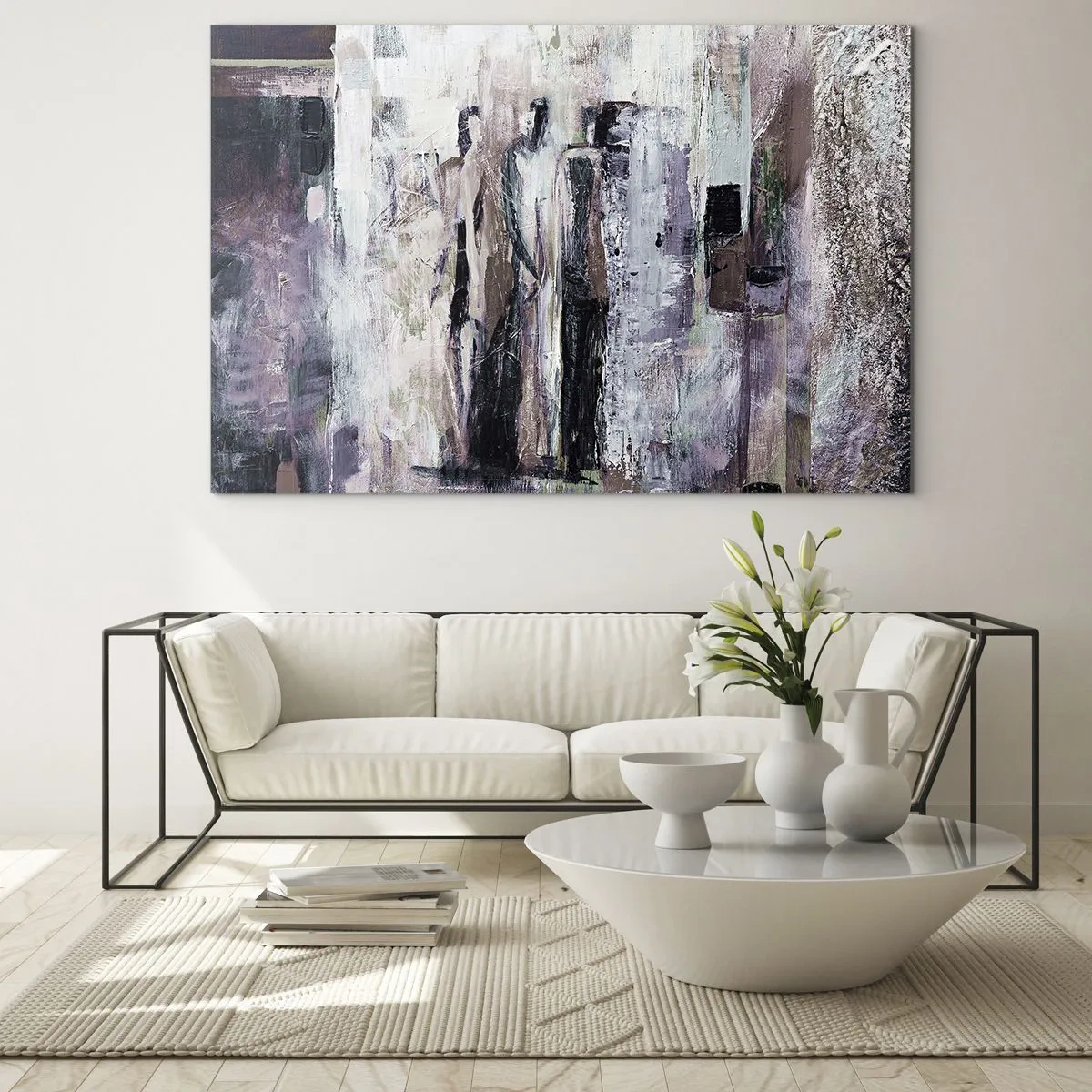 Glass picture - Abstract silhouettes of figures against a textured paint background - 70x50cm - Mysterious Trio - Modern wall decoration for the living room and bedroom ARTTOR