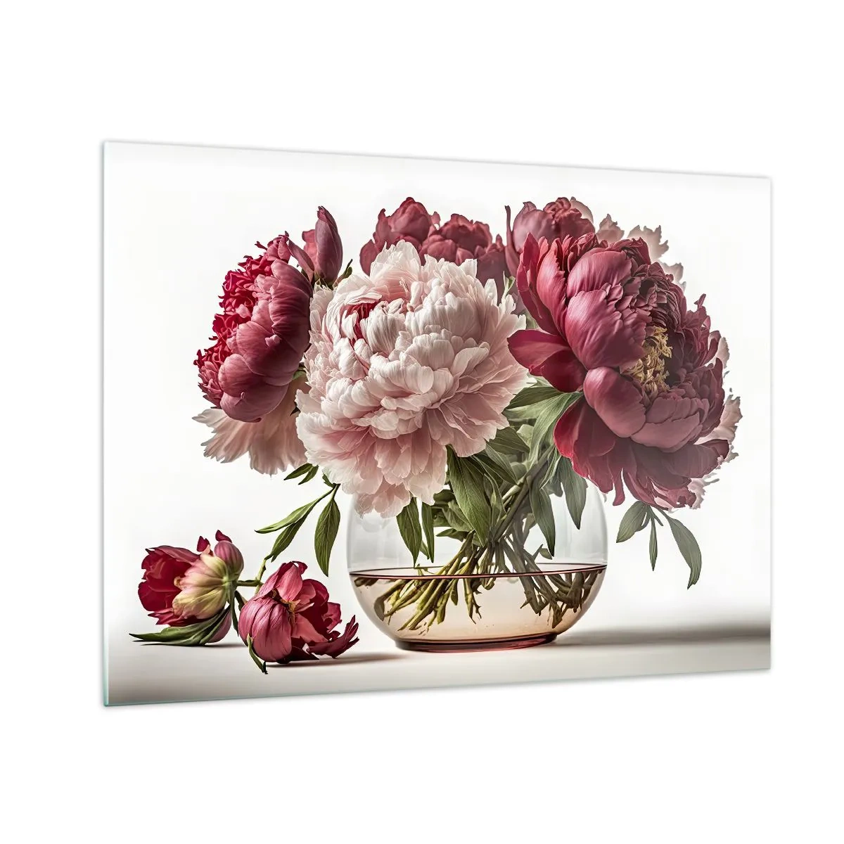 Glass picture - A bouquet of peonies in a glass vase on a light background - 70x50cm - In Full Bloom of Beauty - Modern wall decoration for the living room and bedroom ARTTOR