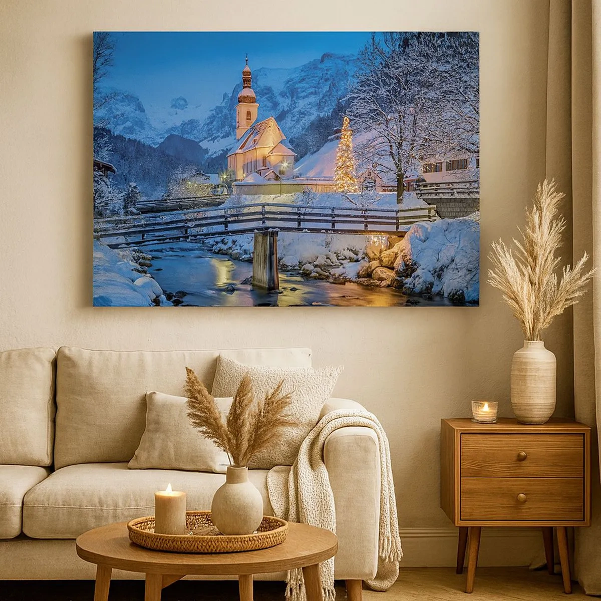 Canvas picture - Winter landscape with a church, bridge, and mountains at dusk - 70x50cm - Spirit of Christmas - Modern wall decoration for the living room and bedroom ARTTOR
