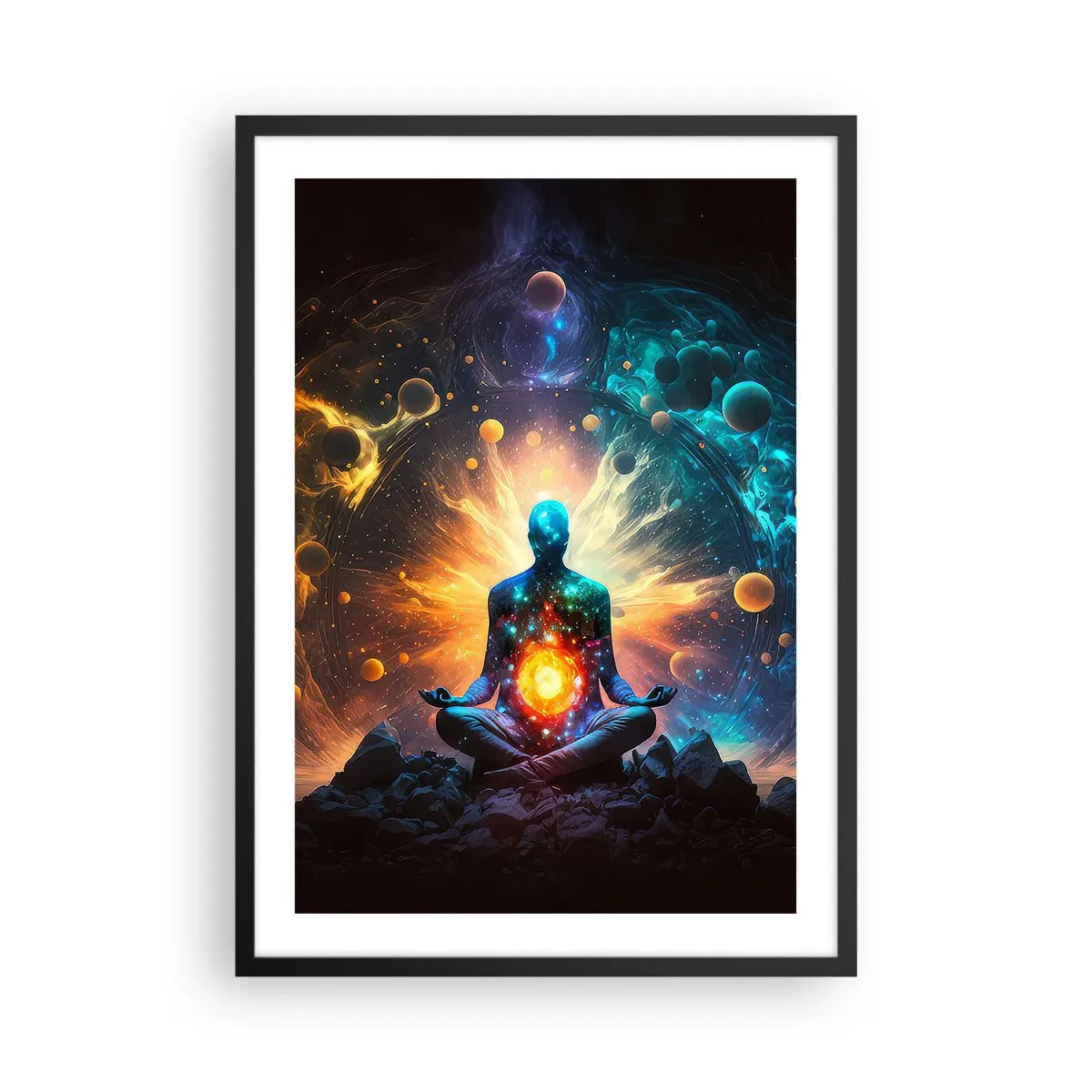 Poster in black frame - A meditating figure in a cosmic aura full of energy - 50x70cm - Cosmic Calm - Modern wall decoration for the living room and bedroom ARTTOR