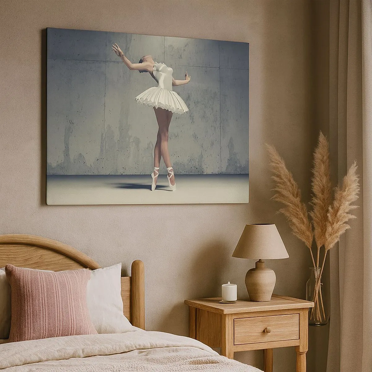Canvas picture - A ballet dancer in a white dress against a raw wall. - 70x50cm - Light like a Bird - Modern wall decoration for the living room and bedroom ARTTOR