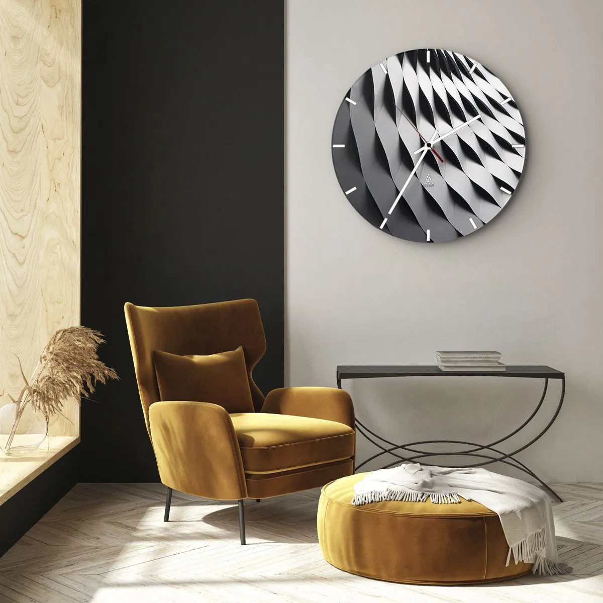 Wall clock - Clock on glass - Black and white wavy architectural structure pattern - 30x30cm - On the Surface of the Wave - Modern wall decoration for the living room, kitchen, and bedroom ARTTOR