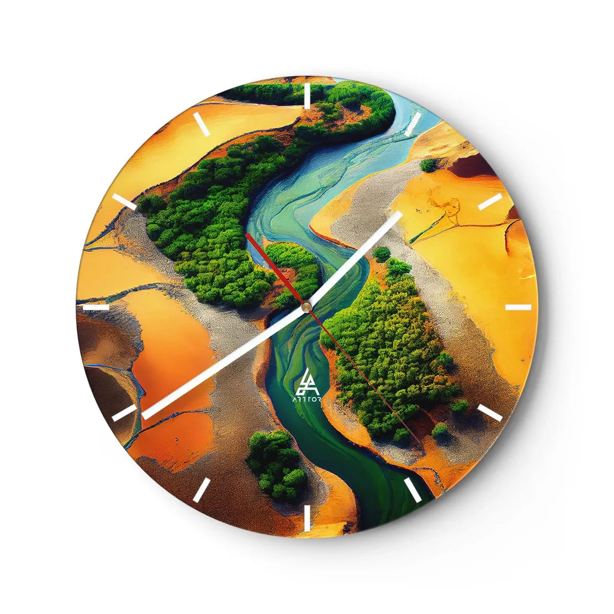 Wall clock - Clock on glass - A river winding through a green desert landscape - 30x30cm - Life-giving River - Modern wall decoration for the living room, kitchen, and bedroom ARTTOR