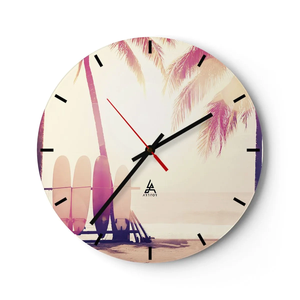 Wall clock - Clock on glass - Surfboards and palm trees on the beach at dawn - 30x30cm - It Will Be a Wonderful Day - Modern wall decoration for the living room, kitchen, and bedroom ARTTOR