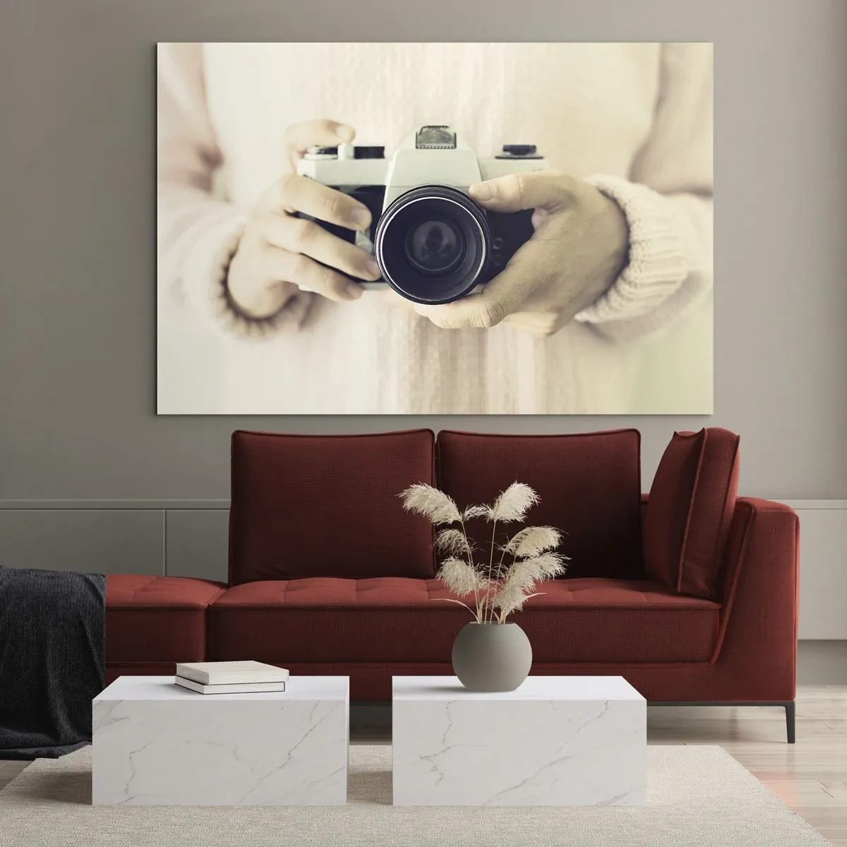 Glass picture - A person holding a classic camera in his hands - 70x50cm - To Know More… - Modern wall decoration for the living room and bedroom ARTTOR