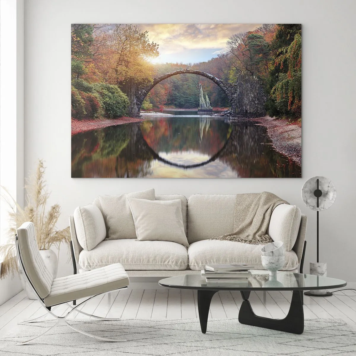 Glass picture - A stone bridge reflected in a lake amidst an autumn forest - 70x50cm - On the Other Side of a Mirror - Modern wall decoration for the living room and bedroom ARTTOR
